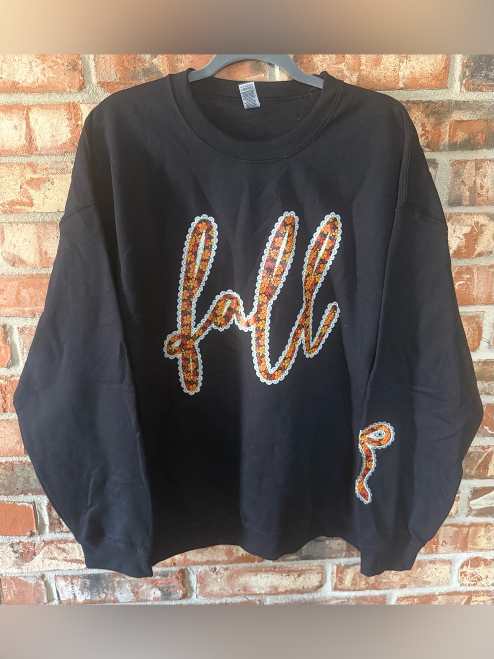 Gildan Black Crewneck Sweatshirt with Orange Floral Fall Script Appliqué